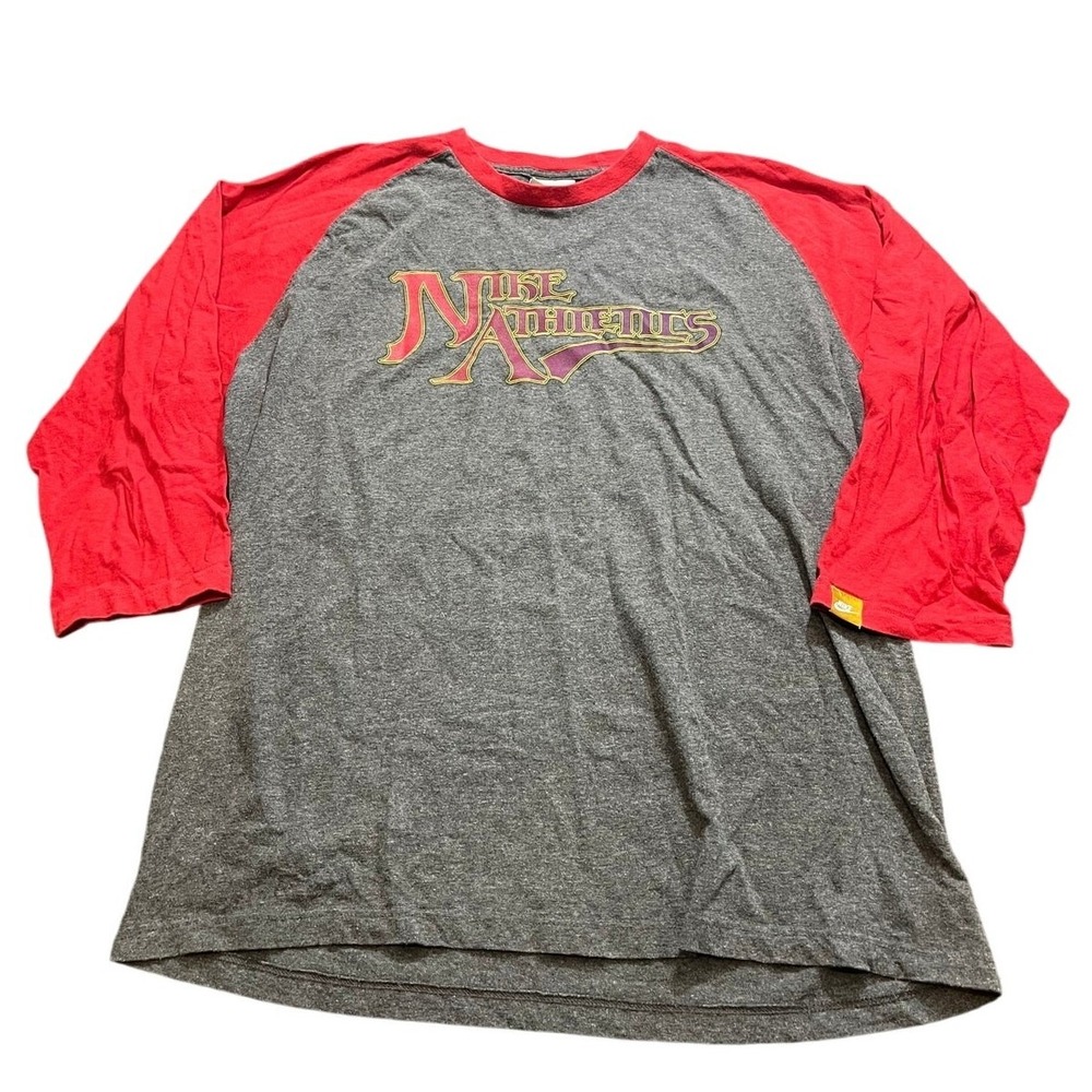 y2k Nike Athletics Baseball Tee Mens XL Gray Red 3/4 Raglan Sleeve Graphic Shirt